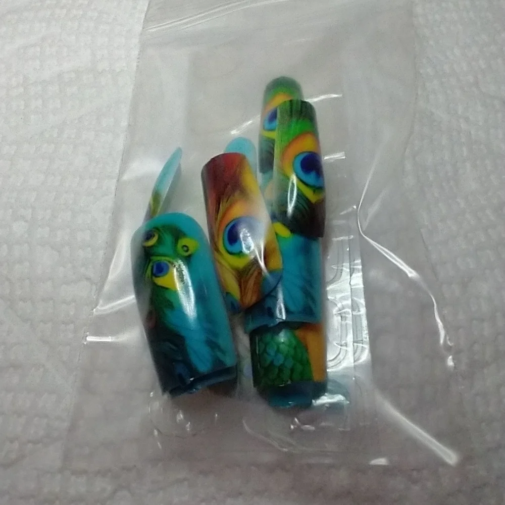 Press on nails peacock feather colorful nails set blue green orange yellow - Picture 2 of 2